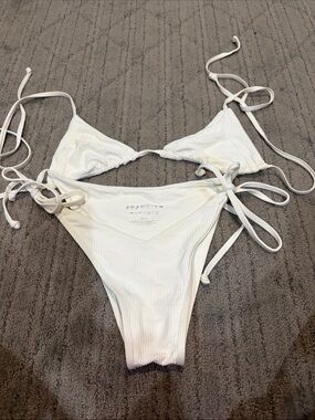Frankie's Bikinis White Ribbed Triangle Bikini Set with Tie Strings